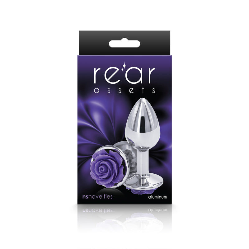Rear Assets Rose - Small - Chrome 7.6cm Butt Plug with Purple Rose Base