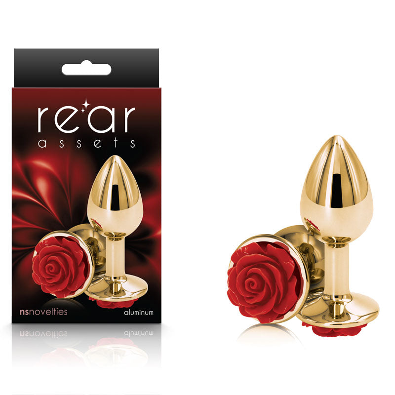 Rear Assets Rose - Small - Gold 7.6cm Butt Plug with Red Rose Base