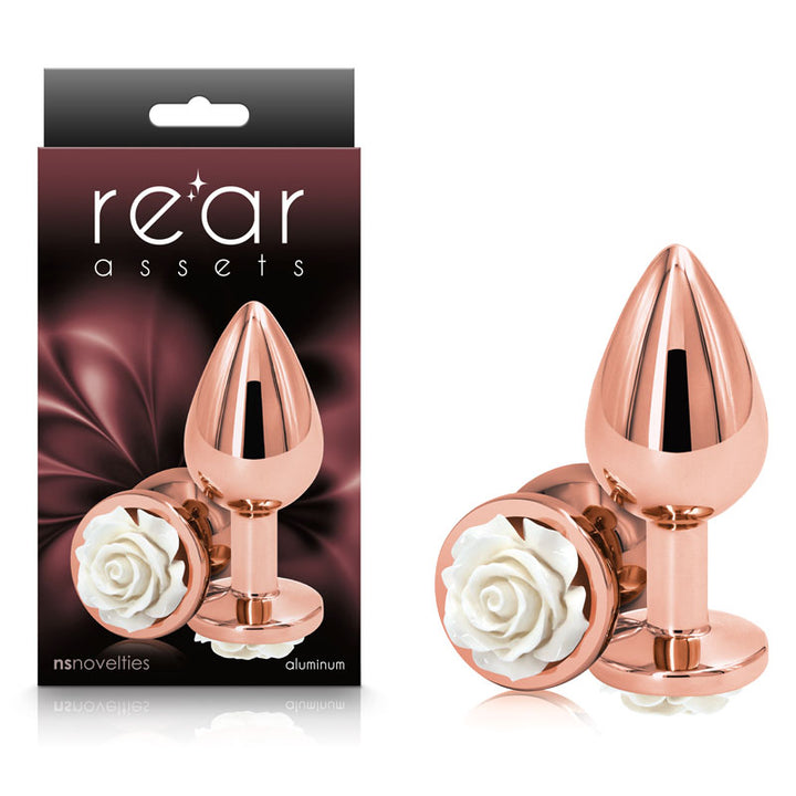 Rear Assets Rose - Medium - Rose Gold 8.9cm Butt Plug with White Rose Base