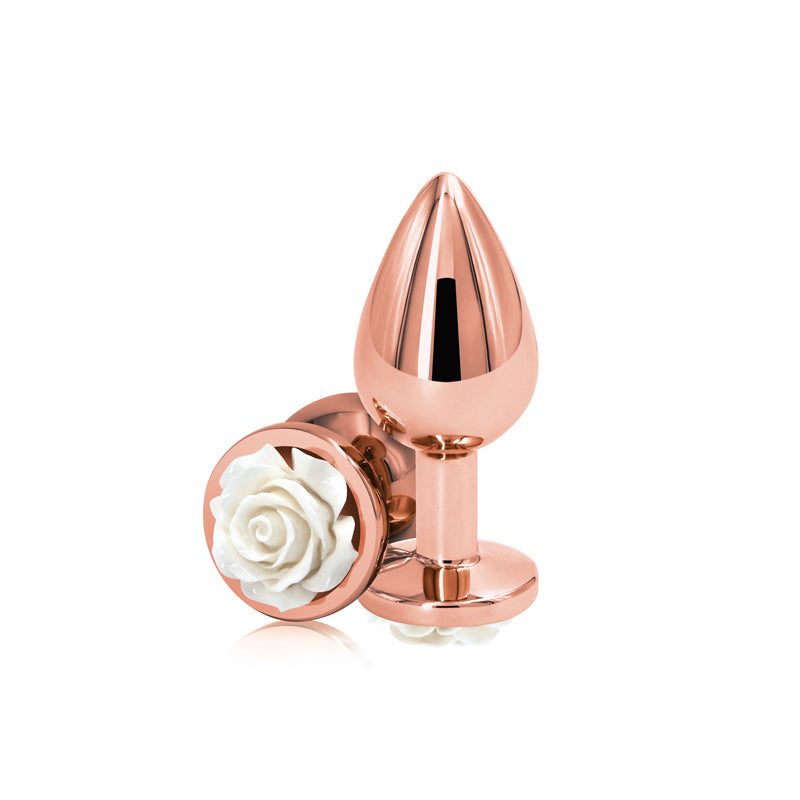 Rear Assets Rose - Medium - Rose Gold 8.9cm Butt Plug with White Rose Base
