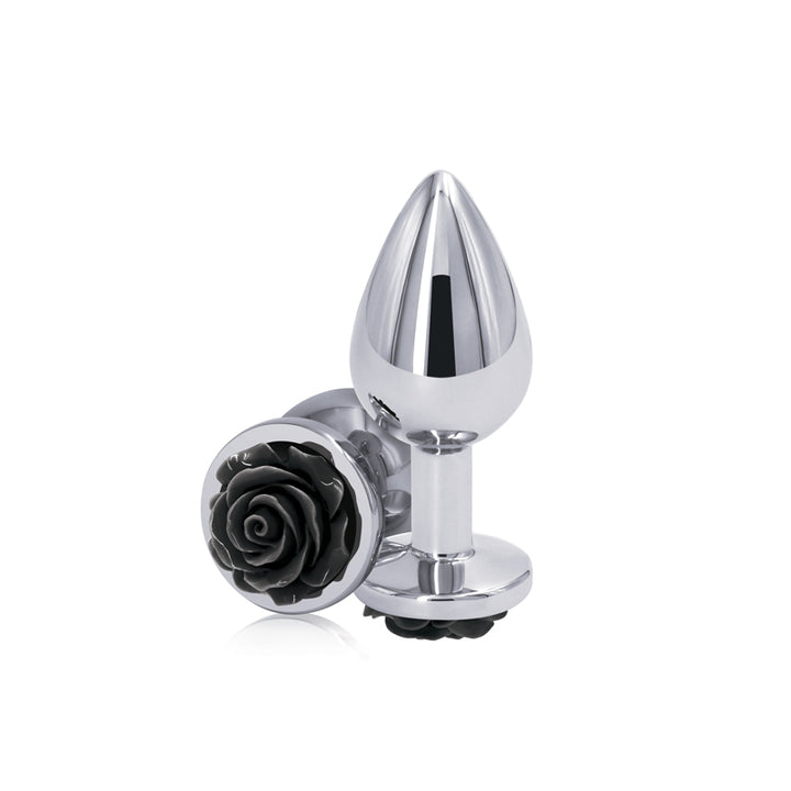 Rear Assets Rose - Medium - Chrome 8.9cm Butt Plug with Black Rose Base