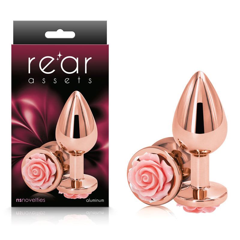 Rear Assets Rose - Medium - Rose Gold 8.9cm Butt Plug with Pink Rose Base
