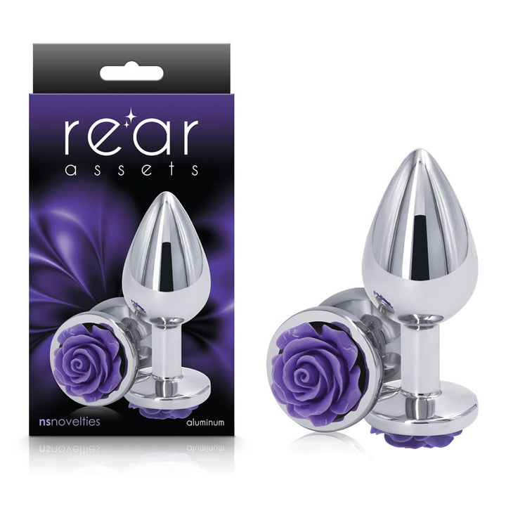 Rear Assets Rose - Medium - Chrome 8.9cm Butt Plug with Purple Rose Base