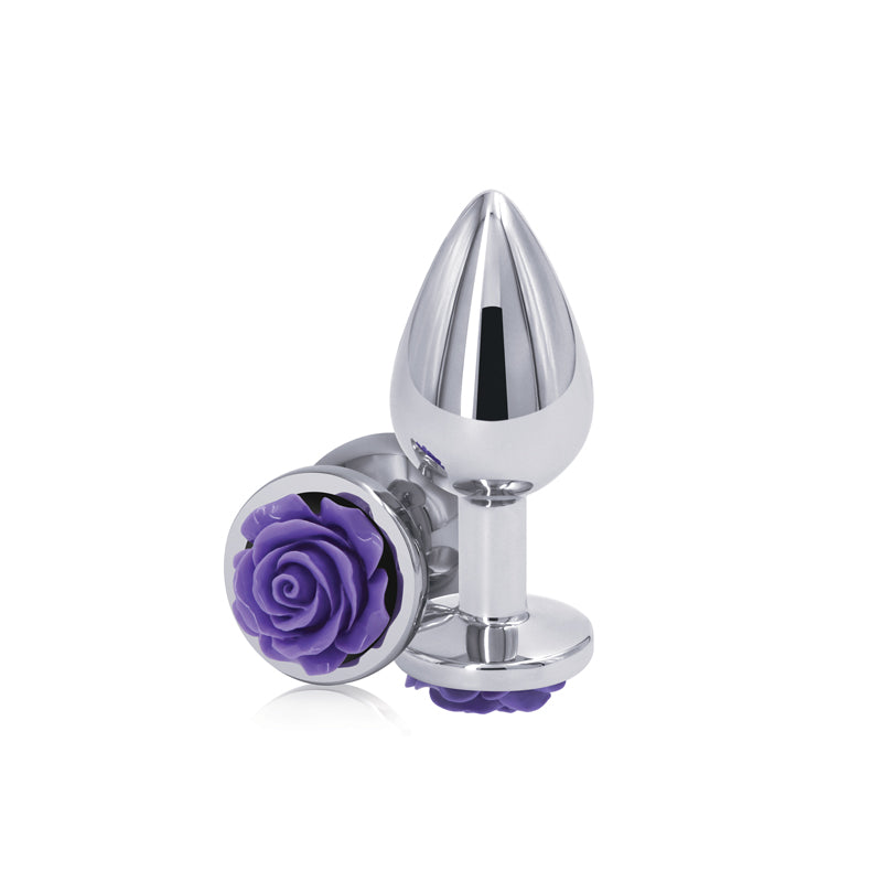 Rear Assets Rose - Medium - Chrome 8.9cm Butt Plug with Purple Rose Base