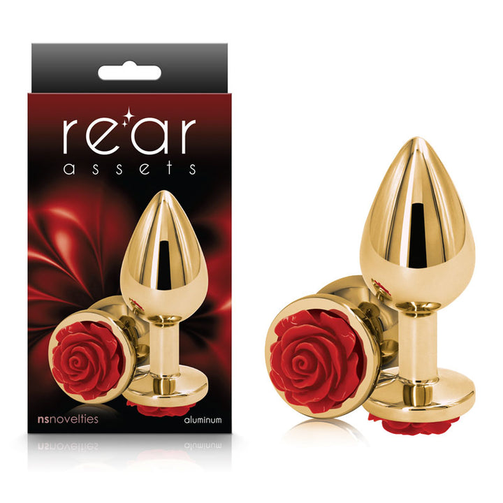 Rear Assets Rose - Medium - Gold 8.9cm Butt Plug with Red Rose Base