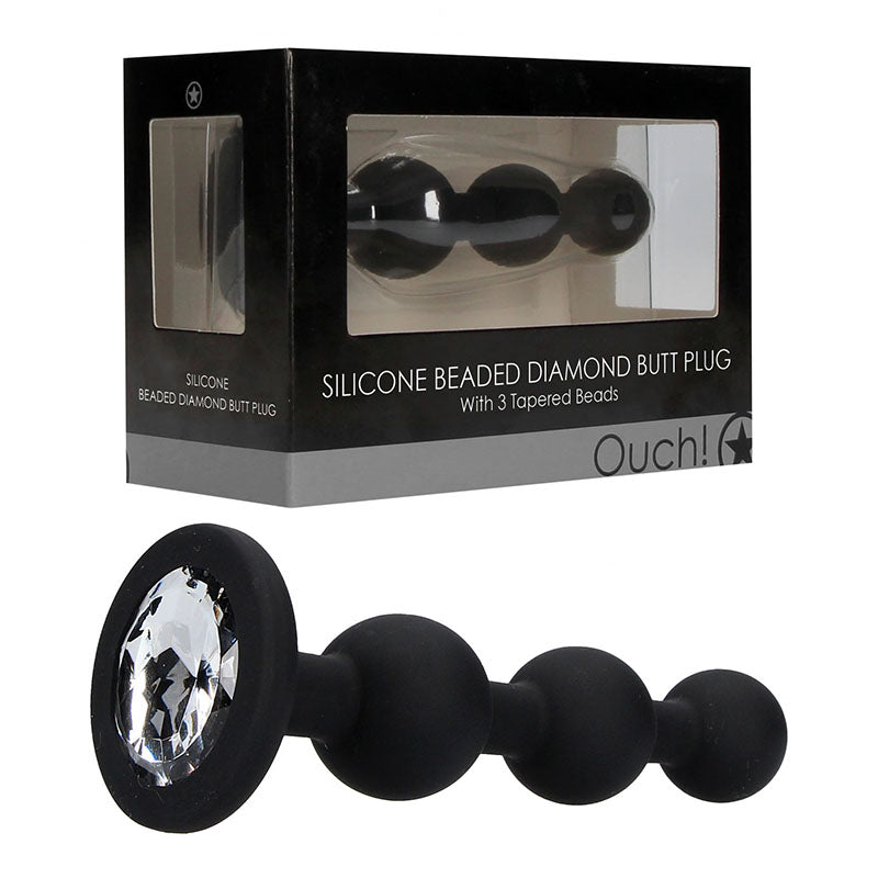 OUCH! Silicone Beaded Diamond Butt Plug - Black with Gem Base