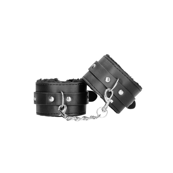 OUCH! Black & White Plush Bonded Leather Hand Cuffs - Black