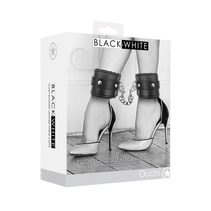 OUCH! Black & White Plush Bonded Leather Ankle Cuffs