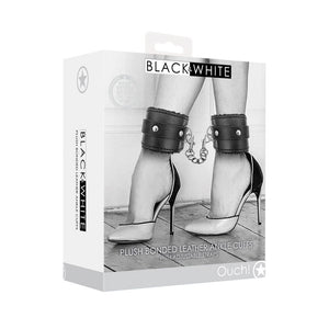 OUCH! Black & White Plush Bonded Leather Ankle Cuffs