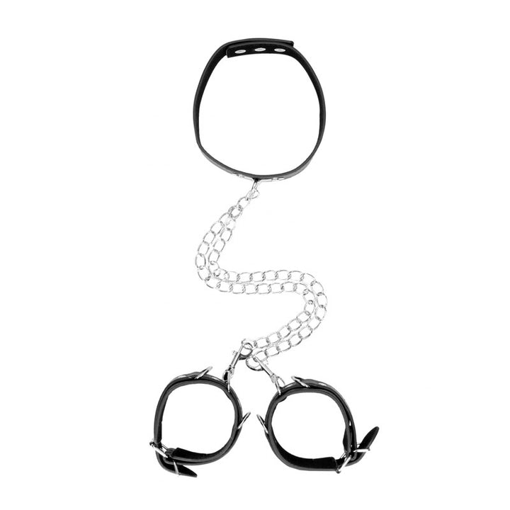 OUCH! Black & White Bonded Leather Collar With Hand Cuffs