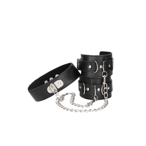OUCH! Black & White Bonded Leather Collar With Hand Cuffs