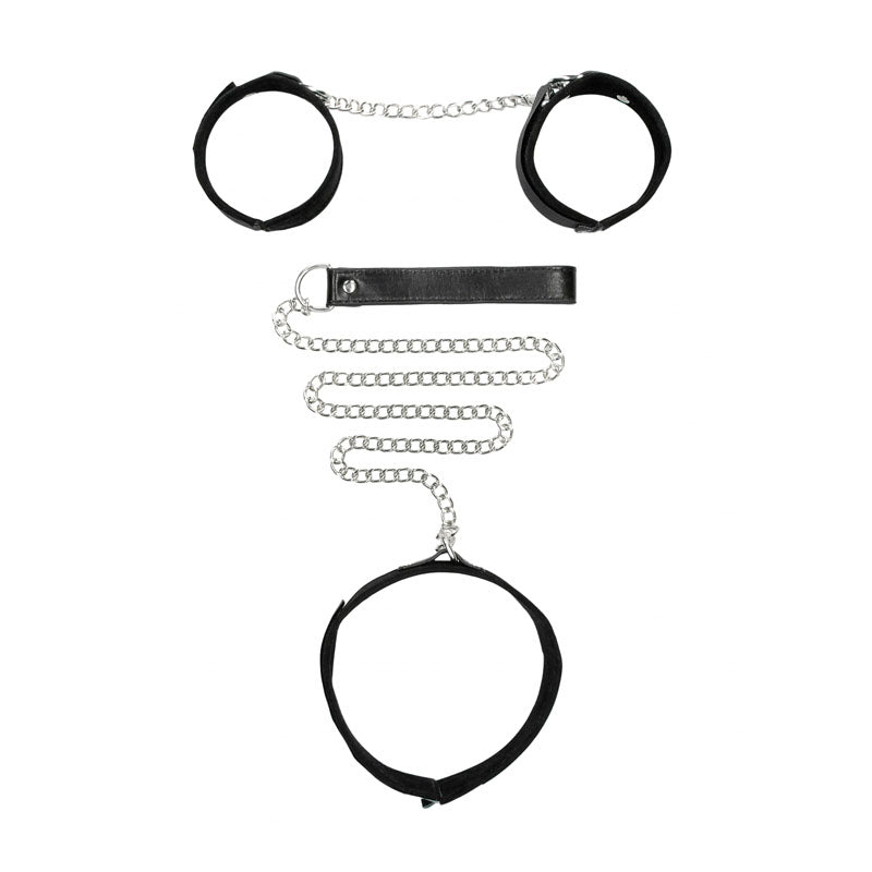 OUCH! Black & White Velcro Collar with Leash and Hand Cuffs - Black