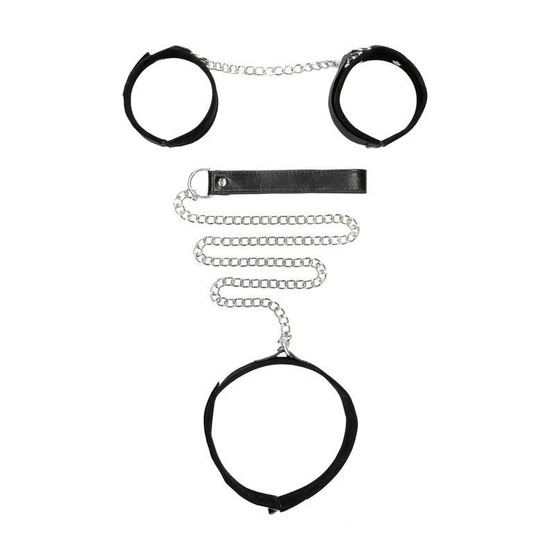 Ouch! Black & White Velcro Collar with Leash and Hand Cuffs - Black