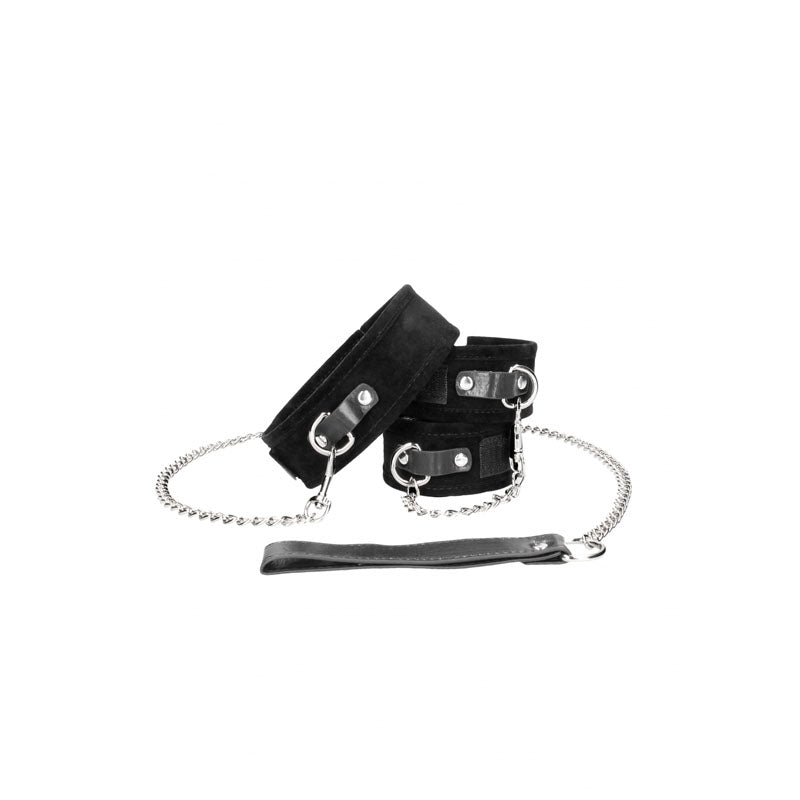 Ouch! Black & White Velcro Collar with Leash and Hand Cuffs - Black