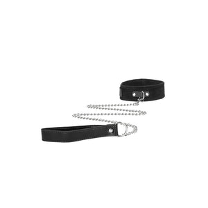 Ouch! Black & White Velcro Collar with Leash and Hand Cuffs - Black