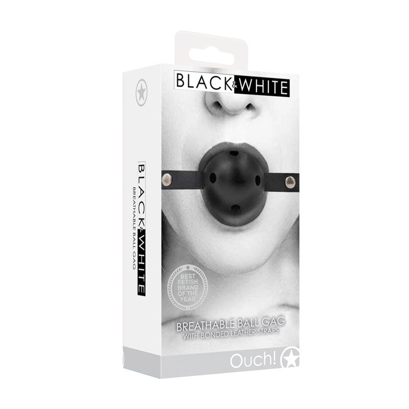 OUCH! Black & White Breathable Ball Gag with Bonded Leather Straps - Black