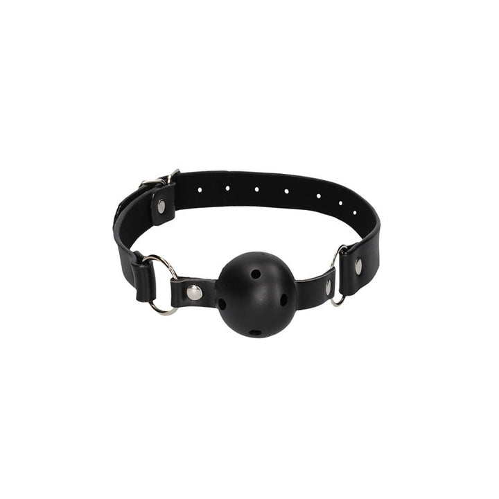 OUCH! Black & White Breathable Ball Gag with Bonded Leather Straps - Black
