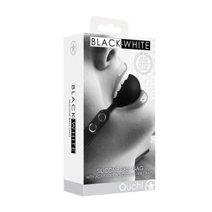 OUCH! Black & White Ball Gag with Adjustable Bonded Leather Straps - Black