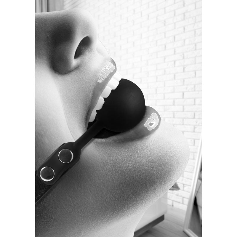 OUCH! Black & White Ball Gag with Adjustable Bonded Leather Straps - Black