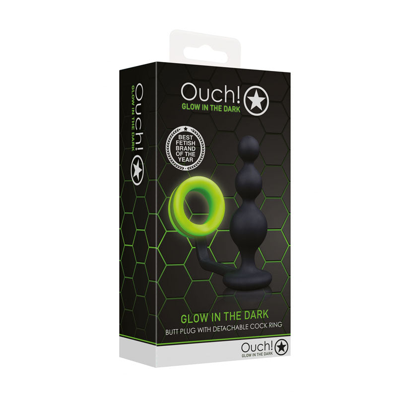 Ouch! Glow In The Dark Beads Butt Plug with Cock Ring - Black
