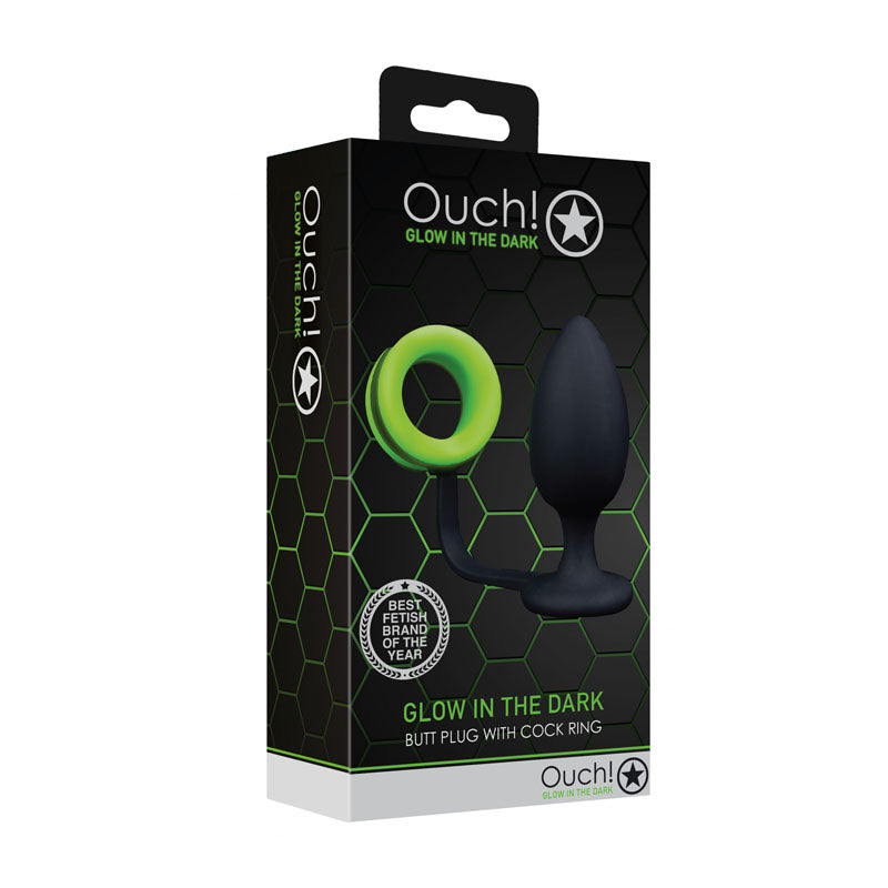 Ouch! Glow In The Dark Butt Plug with Cock Ring - Black