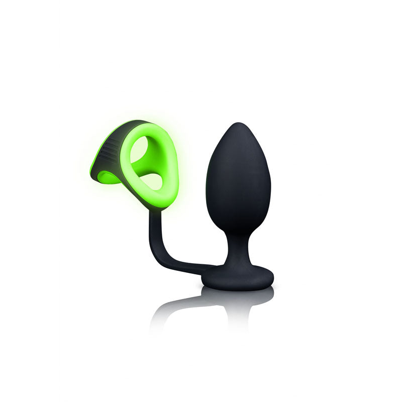Ouch! Glow In The Dark Butt Plug with Cock Ring & Ball Strap - Black