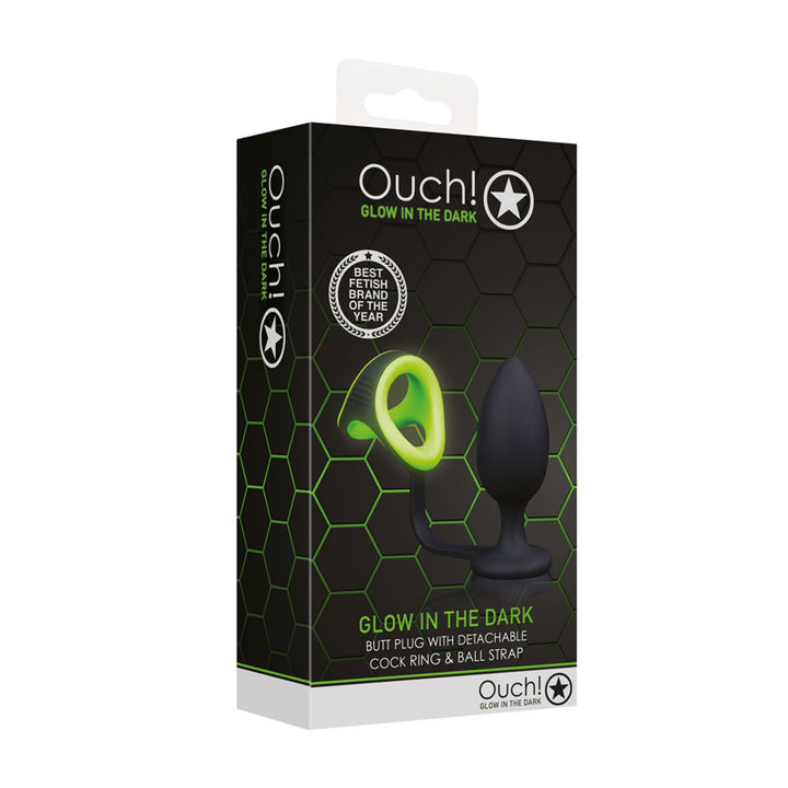 Ouch! Glow In The Dark Butt Plug with Cock Ring & Ball Strap - Black