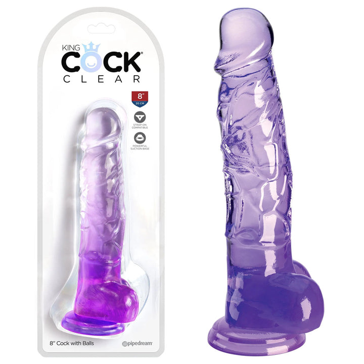 King Cock Clear 8 Inch Dildo with Balls - Purple