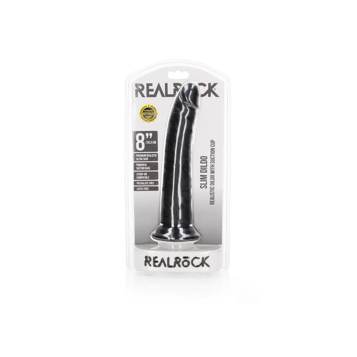 RealRock Realistic 8 Inch Slim Dildo with Suction Cup - Black