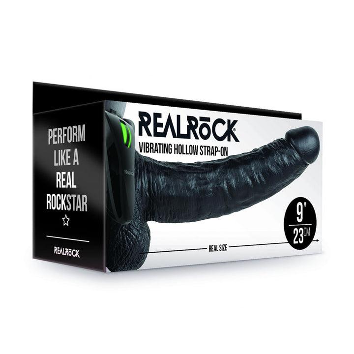 RealRock 9 Inch Vibrating Hollow Strap-On with Balls - Black