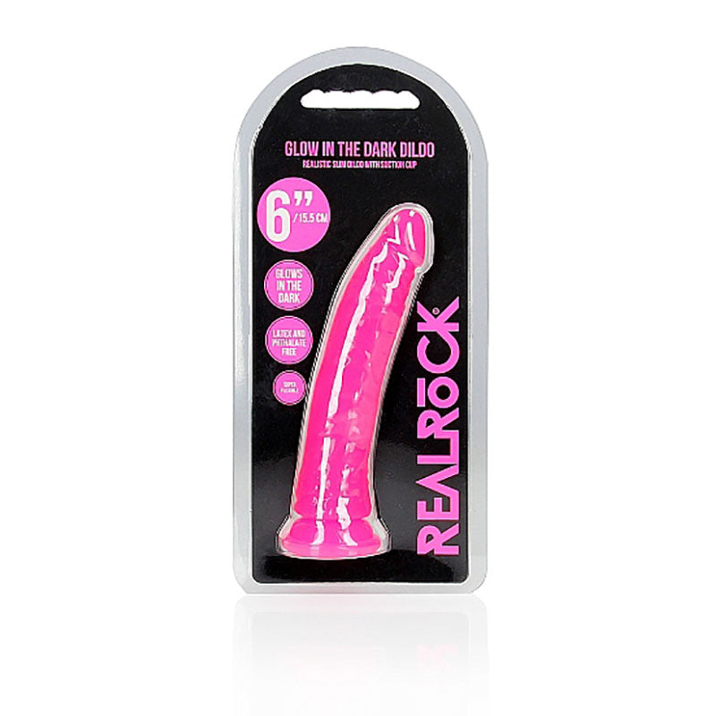 RealRock 6 Inch Slim Glow in the Dark Neon Dildo - Pink