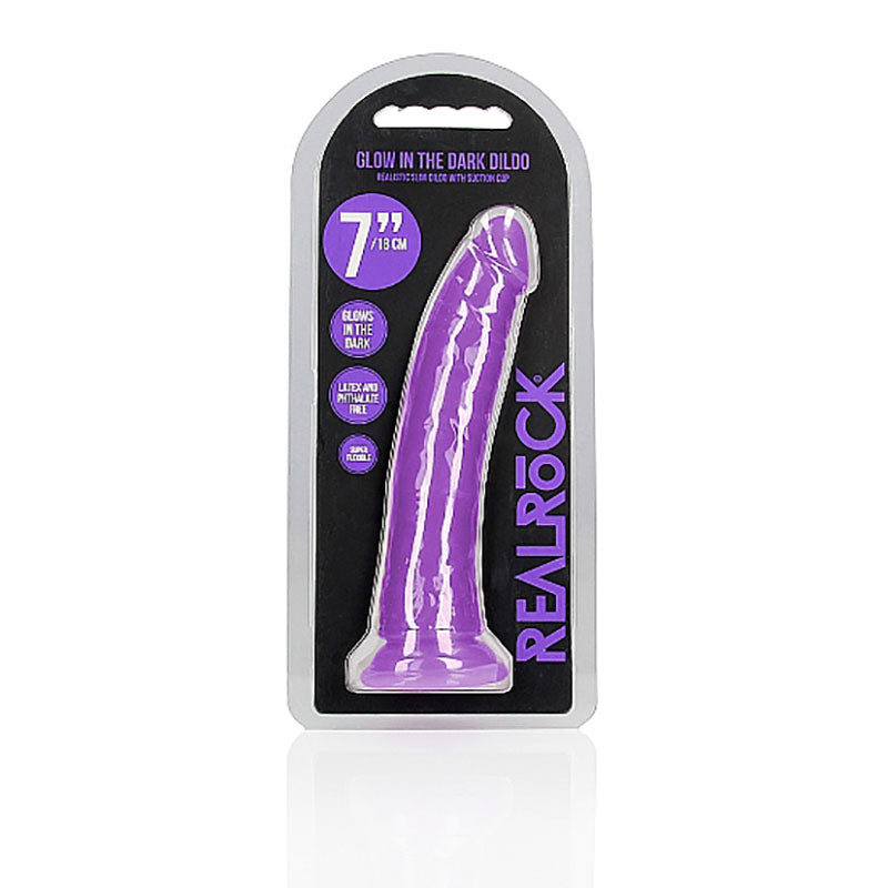 RealRock 7 Inch Slim Glow in the Dark Neon Dildo - Purple