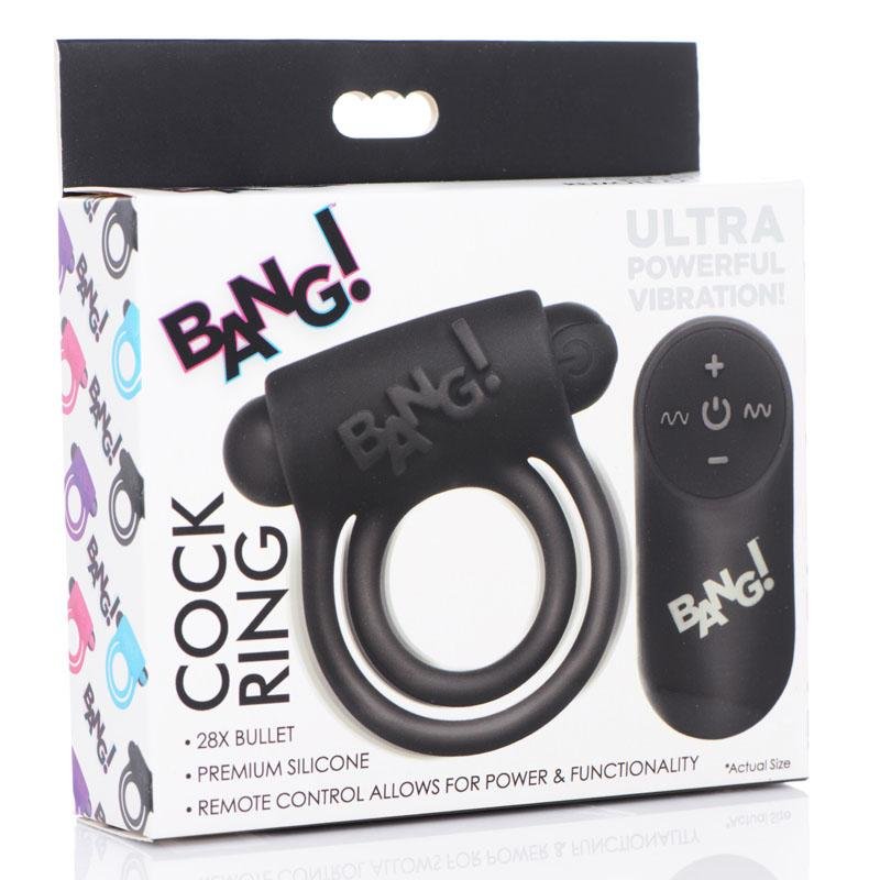 Bang! Silicone Cock Ring & Bullet - Black USB Rechargeable Vibrating Cock Ring with Wireless Remote