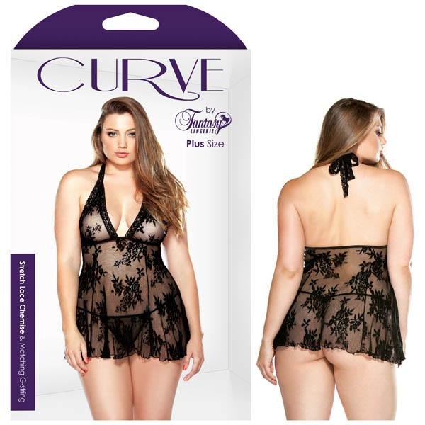 Curve Claudia Stretch Lace Chemise And Matching G-string - Black - 1X/2X