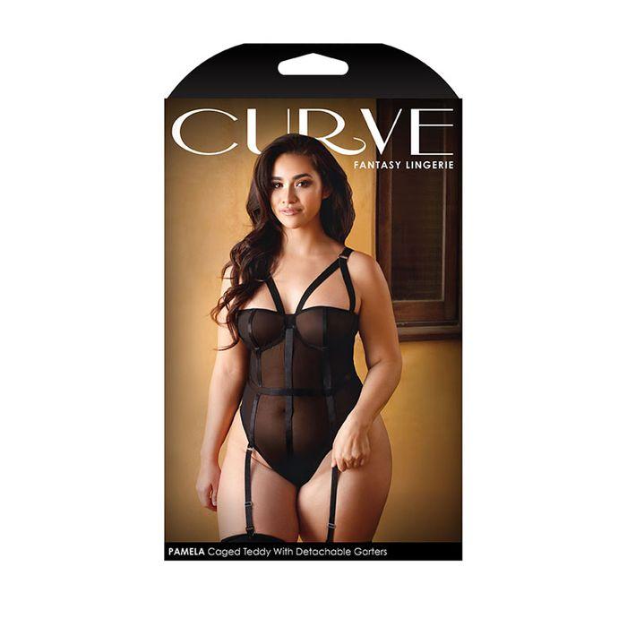 Curve Pamela Caged Teddy with Garters - Black - 3X/4X
