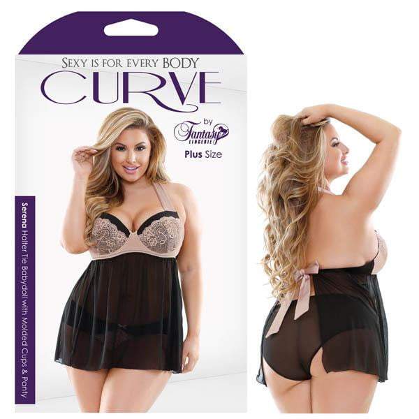 Curve Serena Halter Tie Babydoll with Molded Cups & Panty - Skin/Black - 1X/2X Size