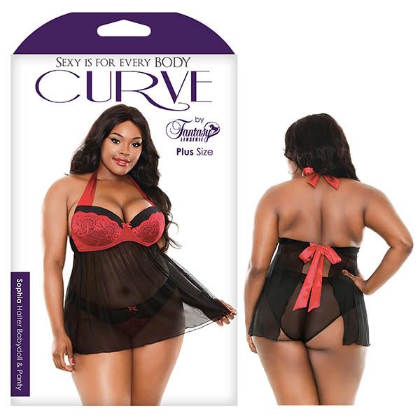Curve Sophia Halter Babydoll & Panty - Black/Red - 3X/4X Size