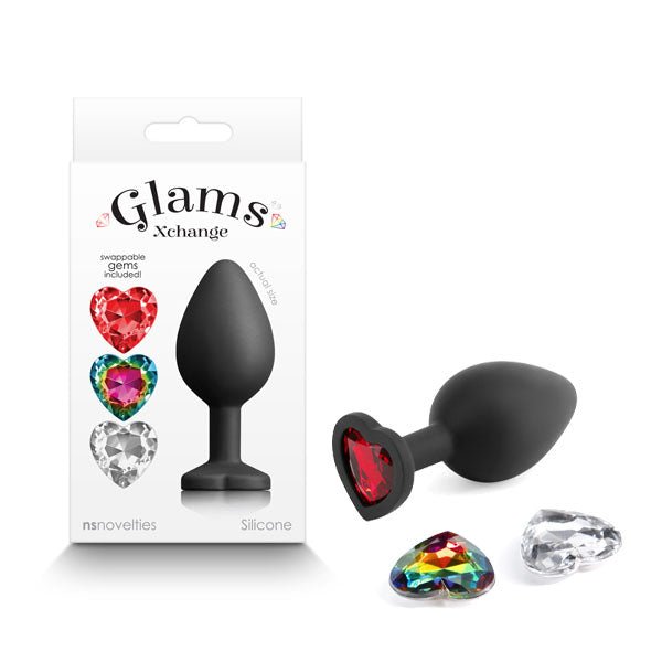 Glams Xchange - Medium Heart Anal Plug with Swapable Gems - Black