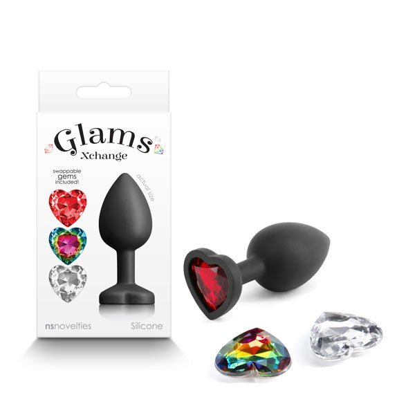 Glams Xchange Small Heart Anal Plug with Interchangeable Heart Gems - Black