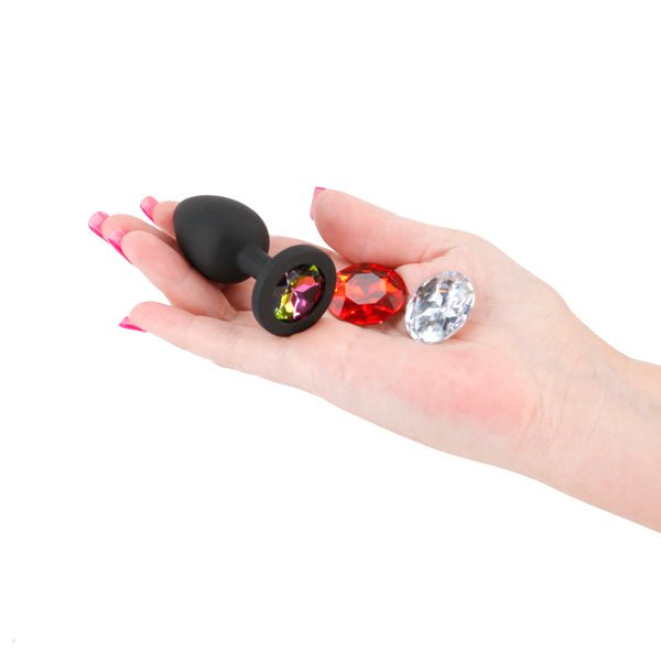 Glams Xchange - Small Round Anal Plug with Swapable Gems - Black