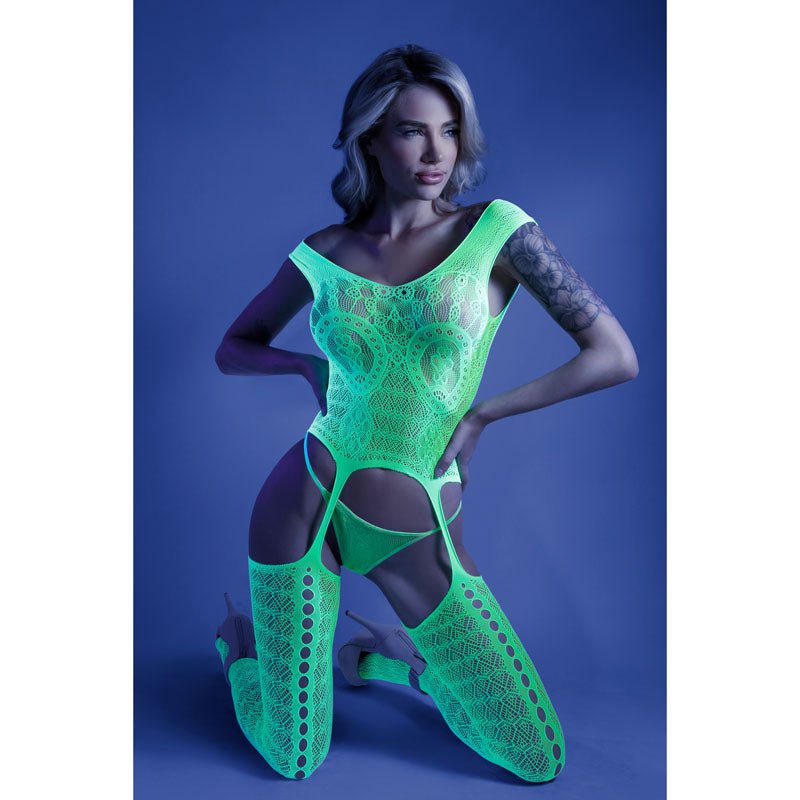 Glow Supersonic Mosaic Patterned Bodystocking - Green - OS