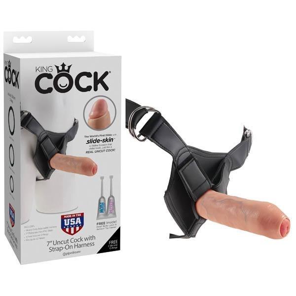 King Cock 7 inch Uncut Dildo - Flesh with Harness