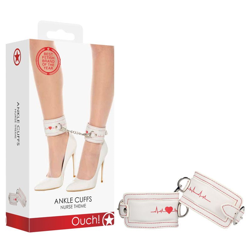 OUCH! Ankle Cuffs - Nurse Theme - White/Red Restraints