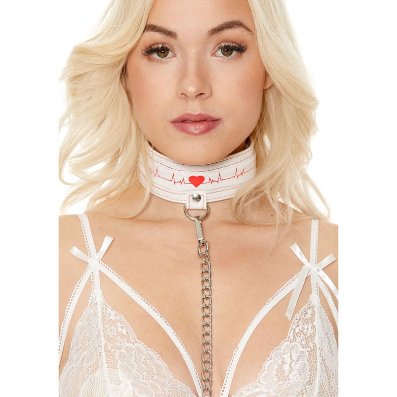 OUCH! Collar With Leash - Nurse Theme - White/Red Restraint
