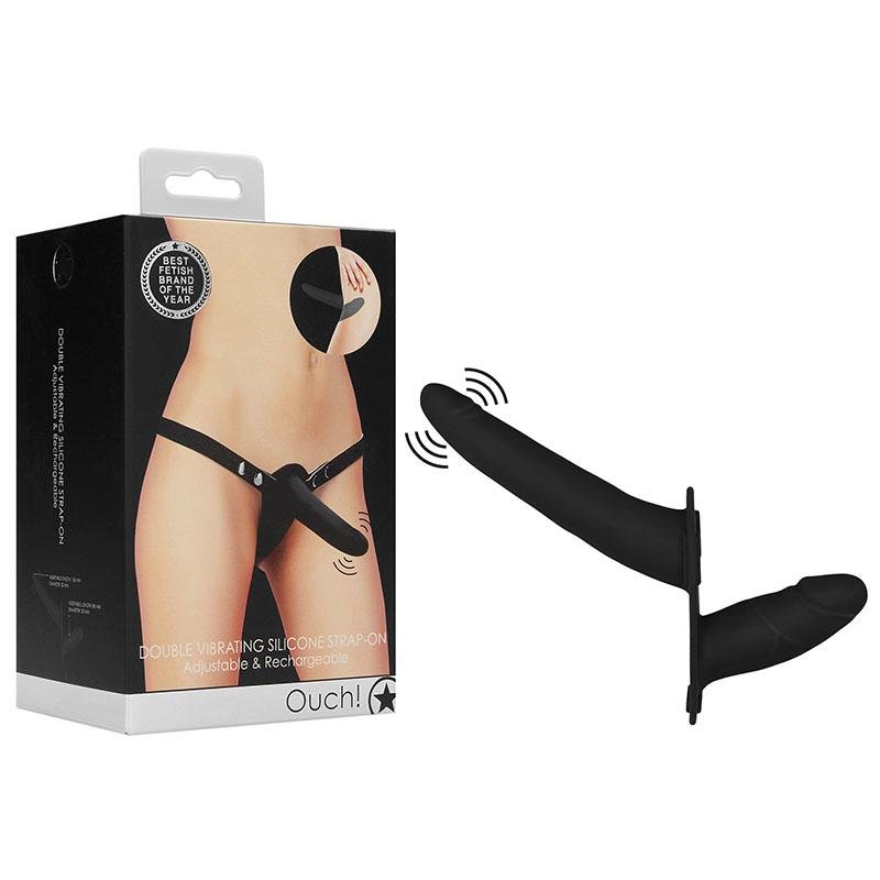 OUCH! Double Vibrating Silicone Black Strap-On with Vaginal Plug 