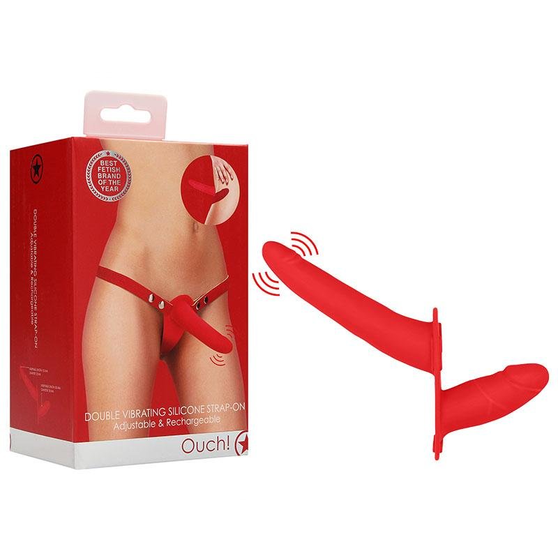 OUCH! Double Vibrating Silicone Red Strap-On with Vaginal Plug