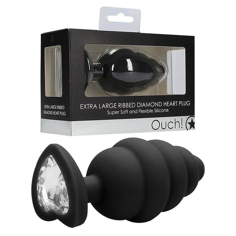 Ouch! Extra Large Ribbed Diamond Heart Plug with Gem Base - Black 