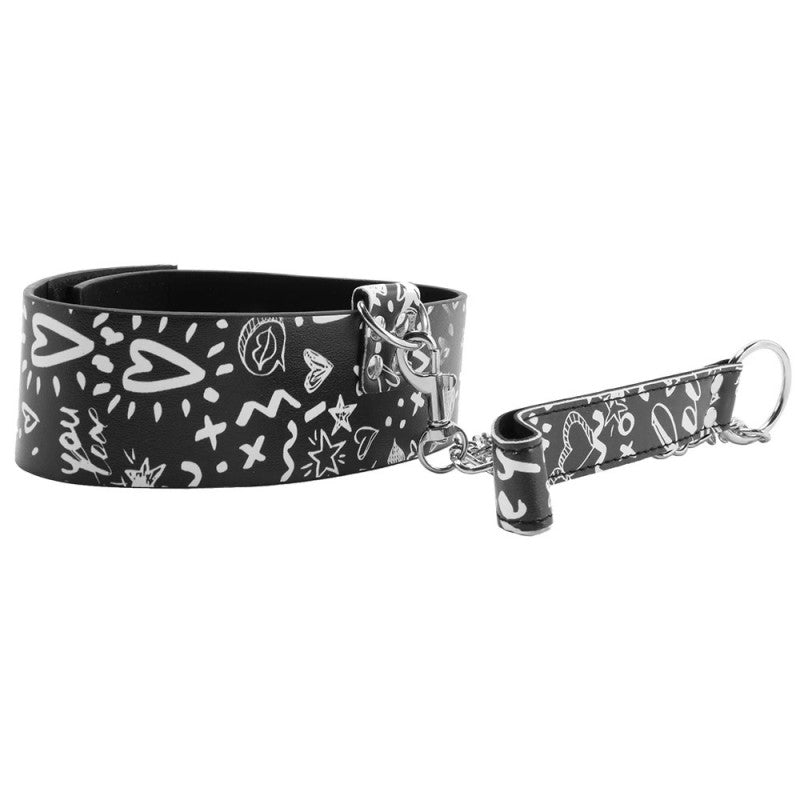 Ouch! Graffiti Collar with Leash - Black