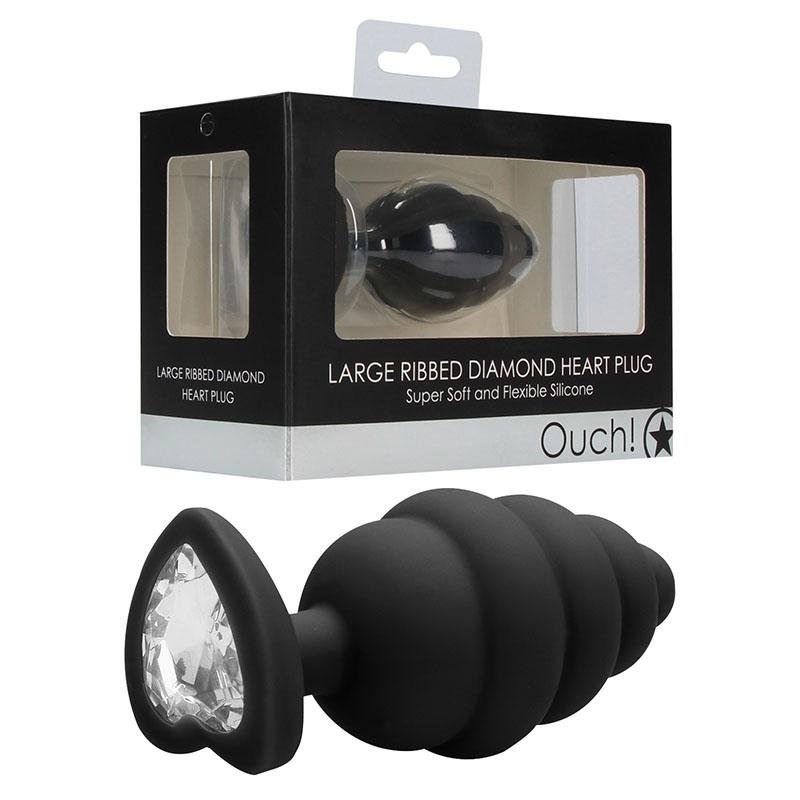 Ouch! Large Ribbed Diamond Heart Plug with Gem Base- Black 