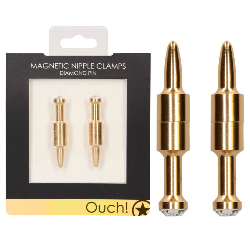 OUCH! Magnetic Diamond Pin Gold Nipple Clamps - Set of 2